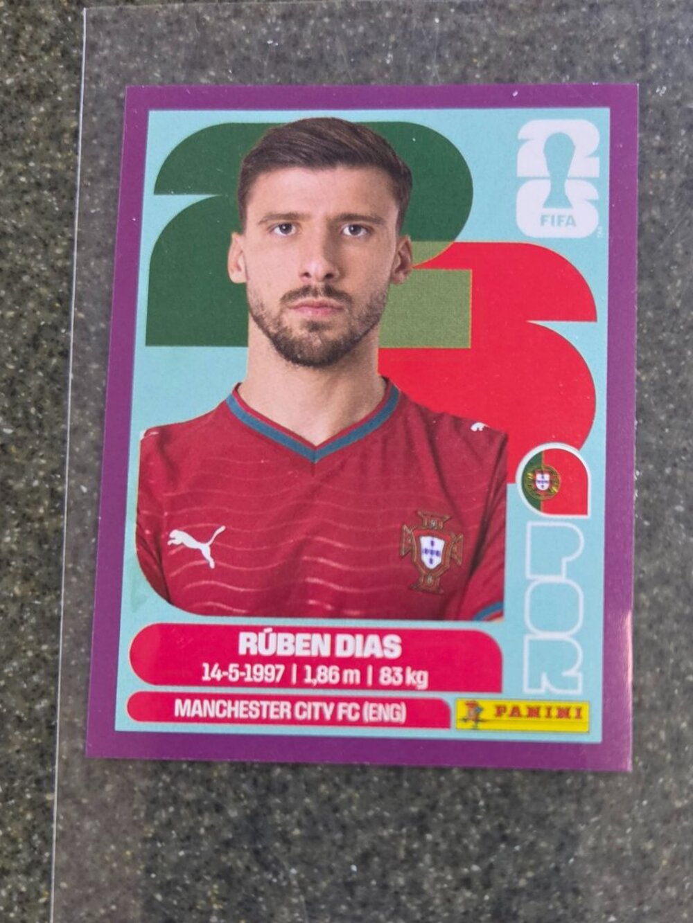 Panini World Cup Soccer Sticker- Ruben Dias- With Rare Purple Boarder